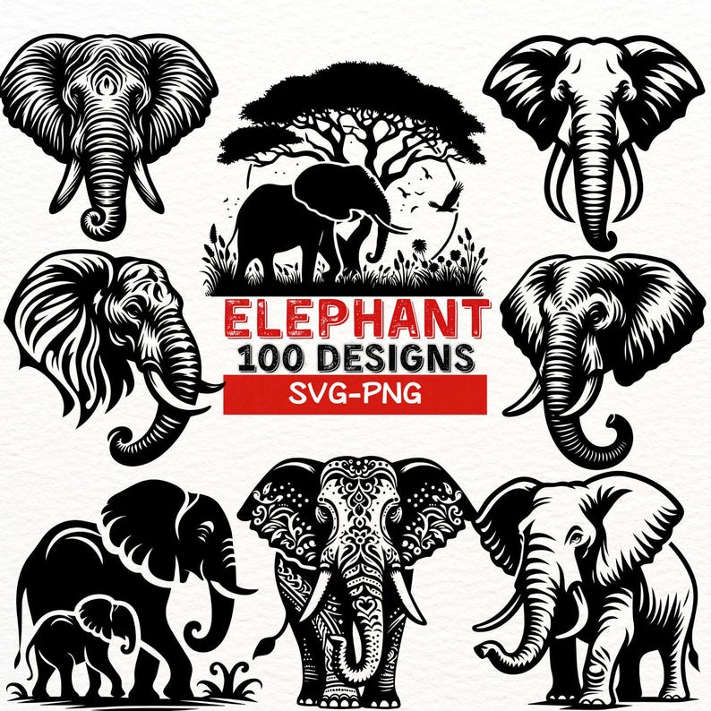 Pu&ograve; includere: Un set di 100 design di elefanti in SVG e PNG in bianco e nero. I design presentano diversi stili di elefanti, tra cui una famiglia di elefanti, un elefante con un motivo floreale e un elefante con un albero sullo sfondo. Il testo "Elephant 100 Designs SVG-PNG" &egrave; visualizzato in rosso.