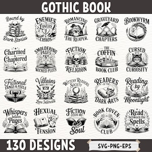 Puede incluir: Una colección de 130 diseños de libros góticos en blanco y negro. Cada diseño presenta ilustraciones y texto relacionados con temas góticos, incluyendo calaveras, libros y frases como "Dark Stories" y "Fiction is my Religion". Formatos SVG, PNG y EPS.