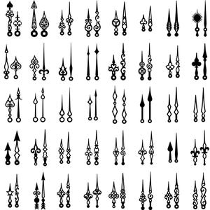 May include: A collection of black clock hands in various decorative styles. Designs include arrows, ornate shapes, and geometric patterns. The hands are of different lengths and feature diverse tip and base designs, suitable for clock making or craft projects.