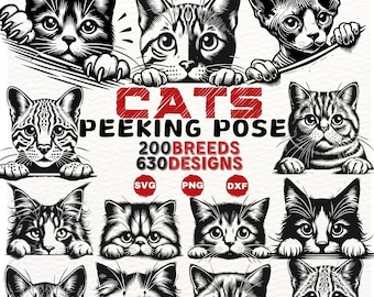 Cats Peeking Pose SVG Bundle – 630 Unique Cat Designs, 200 Breeds Clipart, Instant Download PNG DXF for Cricut, Sublimation & More