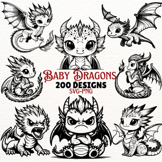 Baby Dragon SVG Bundle - 200 Unique Dragon Designs - Cute Dragon Clipart for Cricut, Silhouette, Printable PNG Files for DIY Crafts