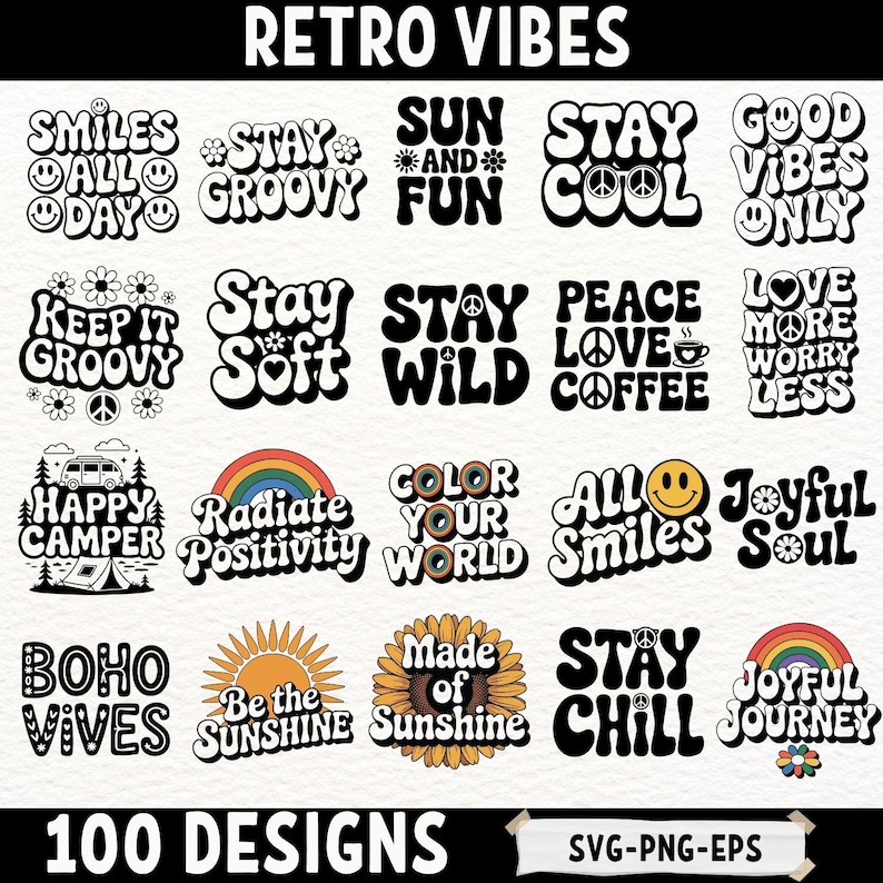 Retro Vibes SVG Bundle 100 Designs, Groovy Hippie Quotes PNG EPS, Boho ...