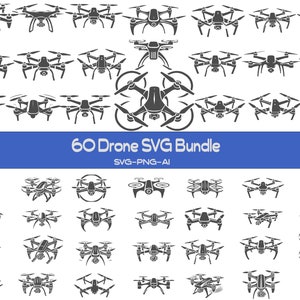 Pode incluir: Um conjunto de 60 ilustrações vetoriais de drones SVG em preto e branco. As ilustrações estão em vários estilos e ângulos, incluindo vistas de cima, laterais e frontais. O texto "60 Drone SVG Bundle" e "SVG-PNG-AI" é exibido abaixo das ilustrações.