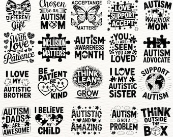 Autismus Bewusstsein SVG Bundle für Cricut & Silhouette | Inklusion Kindness Zitate, Support Autismus Designs, Puzzle Ribbon Cut Dateien