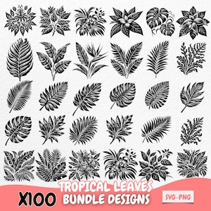 Tropical Leaves Bundle SVG PNG, Palm Leaf Vector Clipart, Jungle Floral Silhouettes, Botanical Nature Cut Files for Cricut and Silhouette