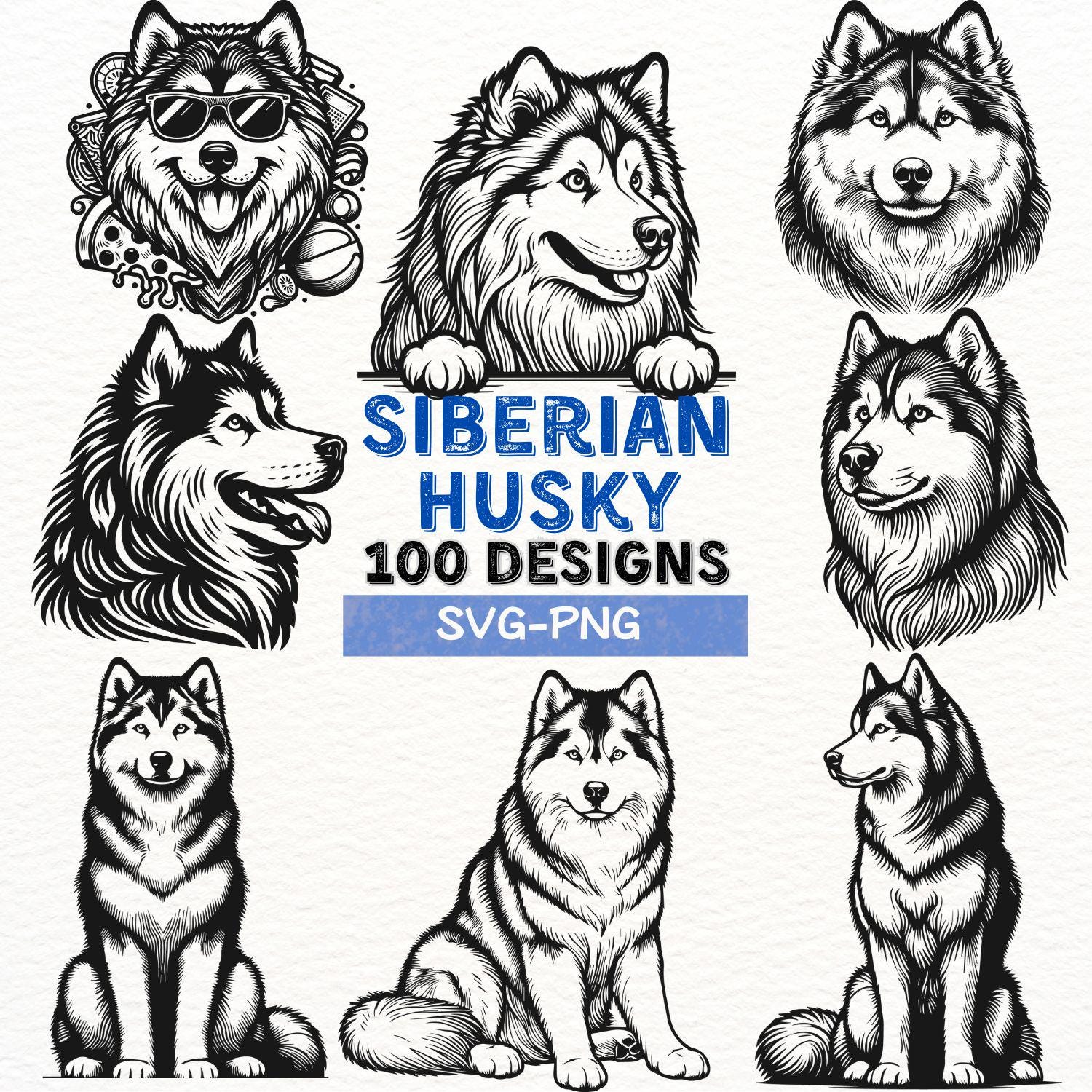 Siberian Husky SVG Bundle 100 Designs, Husky Dog Clipart, Vector Files for Cricut, PNG Files for T-Shirts, Stickers, Sublimation