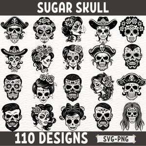 Zuckerschädel Designs Bundle, SVG & PNG Dateien für Dia de los Muertos, Tag der Toten Schädelkunst für Cricut, Tattoo, Sublimation, Basteln