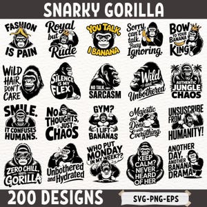 以下が含まれることがあります： 白黒の200種類のSnarky Gorillaデザインのコレクション。各デザインは、"Fashion is Pain"、"Silence is my Flex"、"Unsubscribe from Humanity!"などのユーモラスなテキストが書かれたゴリラを特徴としています。デザインはSVG、PNG、EPS形式で利用できます。