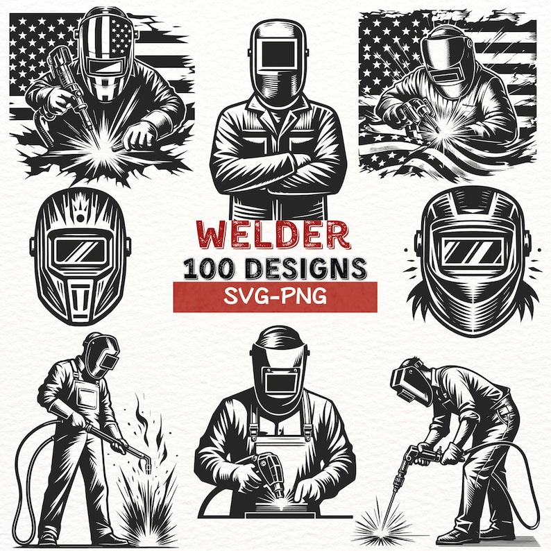 Op de afbeelding: Een set zwart-wit illustraties van lassers die beschermende kleding dragen en metaal lassen. De illustraties zijn in vintage stijl en tonen verschillende poses en acties. De tekst "Welder 100 Designs SVG-PNG" is in de afbeelding opgenomen.