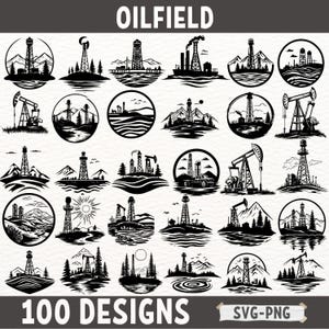 Bundle de dessins de champ pétrolifère - Clipart plate-forme pétrolière, graphiques de l'industrie pétrolière, Pumpjack PNG Vector Set pour les projets Cricut & Sublimation