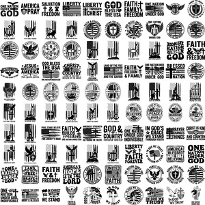 May include: A collection of black and white patriotic designs featuring American flags, eagles, crosses, and text. The designs include phrases like "One Nation Under God," "Liberty," and "Faith & Freedom."
