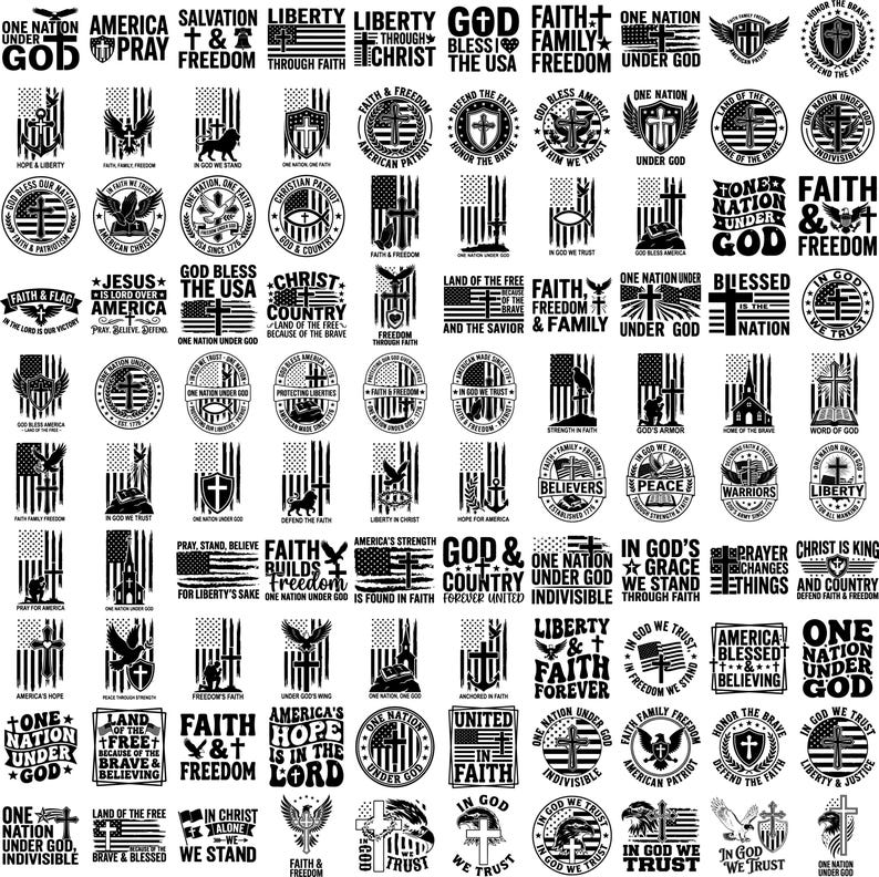 May include: A collection of black and white patriotic designs featuring American flags, eagles, crosses, and text. The designs include phrases like "One Nation Under God," "Liberty," and "Faith & Freedom."