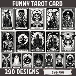 Paquete de divertidas cartas del tarot SVG PNG, 290 diseños de brujas espeluznantes, signos del zodíaco, imágenes prediseñadas góticas ocultas para Cricut, gráficos de sublimación de Halloween