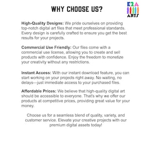 May include: A white text graphic on a blue background with the text "WHY CHOOSE US?" and a list of reasons to choose the company, including high-quality designs, commercial use friendly, instant access, and affordable prices. The company logo is in the top right corner and says "E2A ARTS".