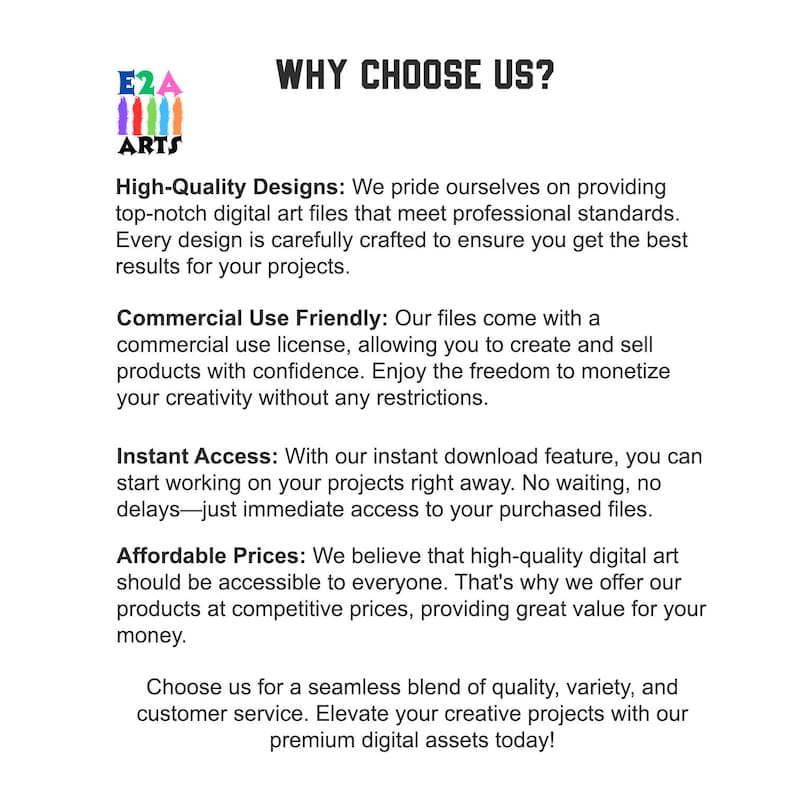 May include: A graphic with the text "WHY CHOOSE US?" and a list of reasons to choose a company, including high-quality designs, commercial use friendly licenses, instant access, and affordable prices.