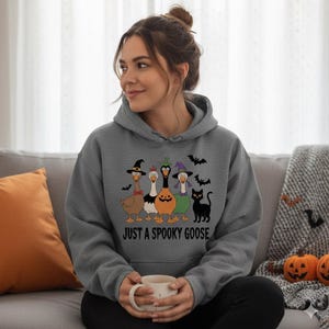 May include: A grey hoodie with a Halloween design. The graphic shows five cartoon geese wearing witch hats, a pumpkin, and a black cat, with bats overhead. The text "JUST A SPOOKY GOOSE" is printed below the geese, perfect for the spooky season.