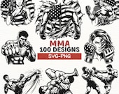 MMA SVG PNG Bundle | Mixed Martial Arts Fighter Clipart | American Flag Boxing Illustrations | Digital Tattoo Art | Silhouette Cut Files