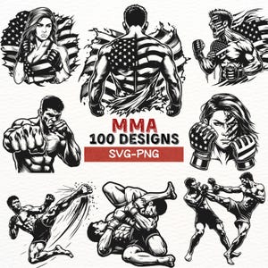 Paquete SVG PNG de MMA / Imágenes prediseñadas de luchador de artes marciales mixtas / Ilustraciones de boxeo con bandera estadounidense / Arte de tatuajes digitales / Archivos de corte de silueta