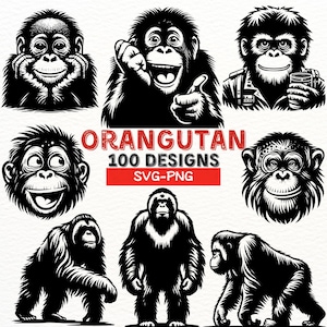 Peut inclure: Un ensemble d'illustrations en noir et blanc d'orangs-outans dans différentes poses. Les illustrations sont de style cartoon et présentent différentes expressions faciales. Le texte "Orangutan 100 Designs SVG-PNG" est affiché en rouge.