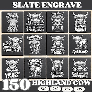 Grappige Highland Cow SVG-bundel voor leisteengravure, schattige koe clipart ontwerpen, boerderijdieren citaten, rustieke koe sublimatiebestanden voor ambachten