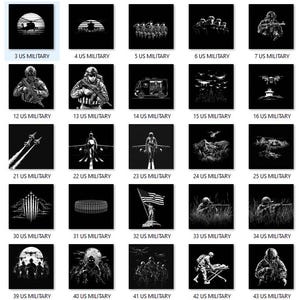 May include: A collection of black and white illustrations with the text "US MILITARY" at the bottom of each image. The images depict various military themes, including aircraft, soldiers, and military equipment.