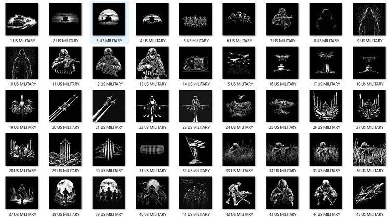 May include: A collection of black and white illustrations with the text "US MILITARY" at the bottom of each image. The images depict various military themes, including aircraft, soldiers, and military equipment.