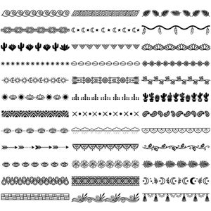 May include: A collection of black and white decorative border designs. The borders feature various patterns, including waves, triangles, knots, cacti, stars, moons, arrows, flowers, and geometric shapes. Ideal for digital art and craft projects.