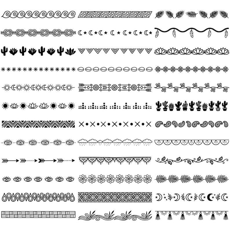 May include: A collection of black and white decorative border designs. The borders feature various patterns, including waves, triangles, knots, cacti, stars, moons, arrows, flowers, and geometric shapes. Ideal for digital art and craft projects.