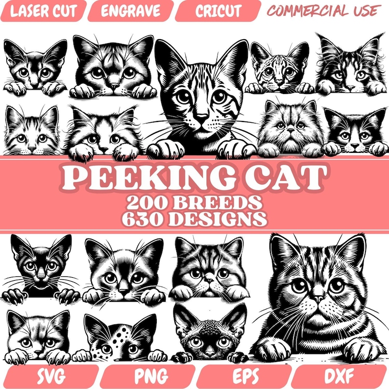 May include: A collection of 200 different cat breeds, each peeking over a surface. The image includes 630 designs, available in SVG, PNG, EPS, and DXF formats. The text "PEEKING CAT" is displayed in a pink banner above the cats.