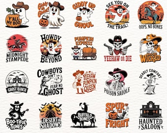 Halloween Cowboy SVG Bundle | 120 Western Ghost Skeleton Pumpkin Clipart | Wild West Spooky Cowboy SVG PNG Eps for Cricut and Sublimation