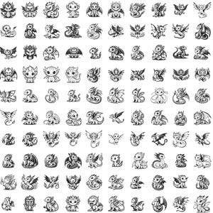 May include: A collection of 100 black and white illustrations of cute cartoon dragons in various poses. The dragons are drawn in a simple, whimsical style and feature different wing shapes, horns, and tails.