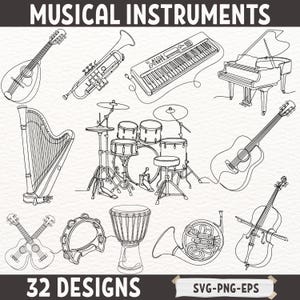May include: A collection of line drawings of musical instruments, such as a mandolin, trumpet, keyboard, piano, harp, drum kit, guitar, tambourine, djembe, French horn, and cello. The image includes the text "MUSICAL INSTRUMENTS" and "32 DESIGNS".