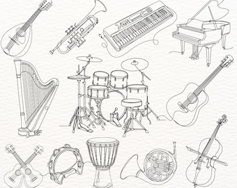 Musical Instruments SVG Bundle 32 Designs, Line Art Music Clipart, Guitar Piano Drum Harp Violin SVG PNG Eps for Cricut Silhouette Cameo