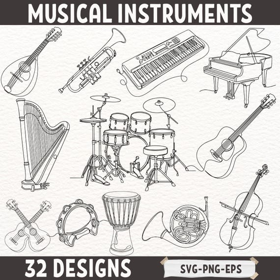 アート・デザイン・音楽 Bows for Musical Instruments Musical Instruments SVG Bundle 32 Designs, Line Art Music Clipart