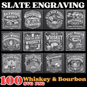 May include: A collection of twelve square slate coasters featuring white engraved designs of whiskey and bourbon themes, including illustrations of barrels, mountains, animals, and vintage vehicles with various text labels like Backwoods Whiskey.