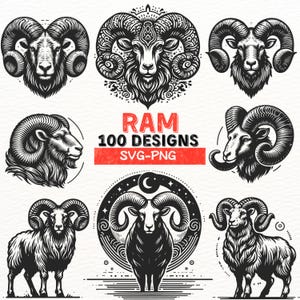 Ram Head SVG Bundle, Ram Mandala Clipart, Ram Skull PNG, Wild Animal Tattoo Designs, Cricut Silhouette Cut Files, Horned Goat Art