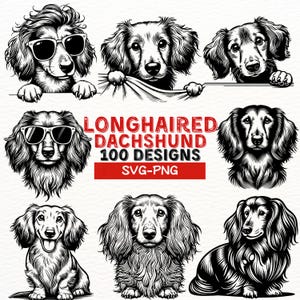 Langhaar Dackel SVG Bundle | 100 Handgezeichnet Hund Clipart Designs | Niedliche Dackel Welpen SVG | Digitaler Download zum Basteln & Dekorieren