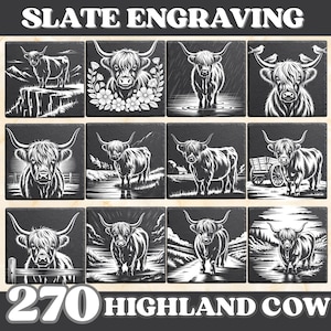 May include: Slate engraving coasters featuring Highland cow illustrations. The coasters are square and black, with detailed white line art depicting Highland cows in various scenes. The text "SLATE ENGRAVING" and "270 HIGHLAND COW" are displayed.