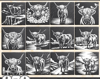 Highland Cow Slate Engraving Bundle 270 PNG Designs with Inverted Files Rustic Farm Animal Clipart 300DPI Transparent Background