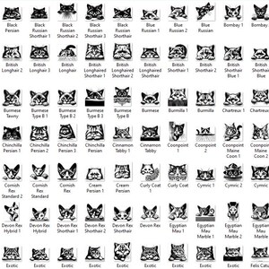 May include: A chart of black and white cat breed illustrations. Each breed is labeled with its name, including Bombay, Burmese, Chinchilla, Cornish Rex, Devon Rex, Egyptian Mau, Exotic, and more.