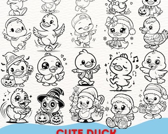 Pacchetto SVG di anatre carine / Clipart di anatre per Cricut / Disegni di anatre adorabili / Arte digitale PNG / Illustrazioni di anatre per libri da colorare