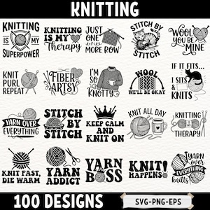 Puede incluir: Una colección de 100 diseños con temática de tejido en blanco y negro. Los diseños incluyen texto como "Tejer es mi superpoder", "Knit Purl Repeat" y "Yarn Boss". La imagen también incluye ovillos de lana, agujas y un gato.