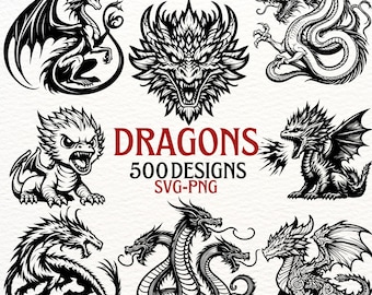 May include: A collection of black and white dragon designs in various poses. The image includes dragons with wings, fire breath, and multiple heads. Text reads "DRAGONS 500 DESIGNS SVG-PNG".
