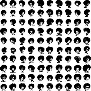May include: A digital collage of 100 black and white illustrations of women with afro hairstyles. Each illustration features a different hairstyle, facial expression, and earring style.