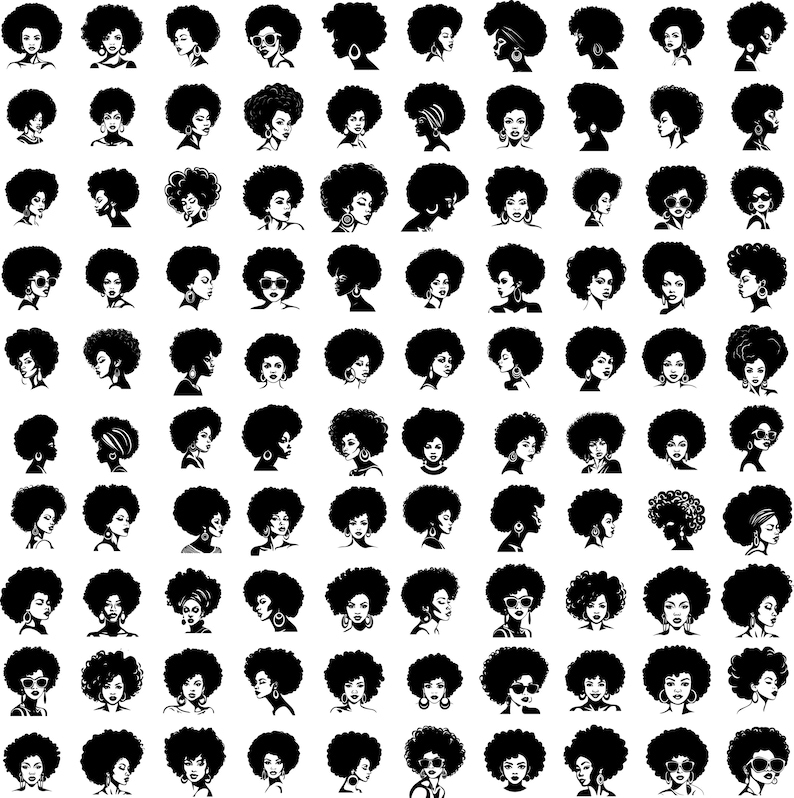 May include: A digital collage of 100 black and white illustrations of women with afro hairstyles. Each illustration features a different hairstyle, facial expression, and earring style.