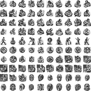 Op de afbeelding: Een verzameling van 100 zwart-wit illustraties van lassers in verschillende poses. De lassers dragen beschermende kleding, waaronder helmen, handschoenen en jassen. Sommige lassers houden lasbranders vast, terwijl anderen aan metalen voorwerpen werken. De illustraties zijn in vintage stijl en zouden perfect zijn voor gebruik in een verscheidenheid aan projecten, zoals t-shirtontwerpen, websitegraphics of social media-berichten.