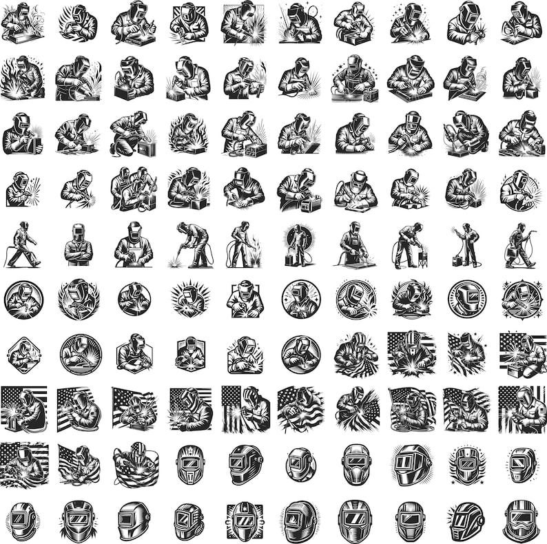 Op de afbeelding: Een verzameling van 100 zwart-wit illustraties van lassers in verschillende poses. De lassers dragen beschermende kleding, waaronder helmen, handschoenen en jassen. Sommige lassers houden lasbranders vast, terwijl anderen aan metalen voorwerpen werken. De illustraties zijn in vintage stijl en zouden perfect zijn voor gebruik in een verscheidenheid aan projecten, zoals t-shirtontwerpen, websitegraphics of social media-berichten.