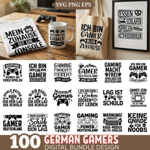 Peut inclure: Ensemble de designs numériques pour gamers, comprenant un t-shirt blanc, une tasse blanche et un sac fourre-tout en toile, tous avec du texte sur le thème du jeu. Les designs incluent également des œuvres d'art encadrées et divers éléments graphiques.