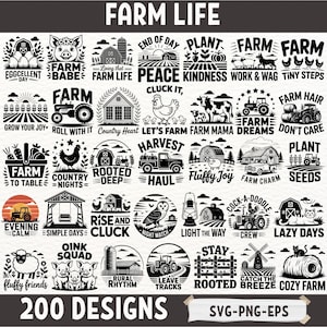 Farm Life SVG Bundle 200 Designs Country Tractor Farmhouse Animals Chicken Cow Rustic Quotes PNG EPS Cricut Sublimation Cut File
