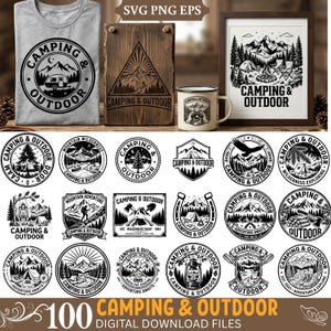Puede incluir: Una colección de 100 diseños gráficos digitales en blanco y negro con temas de camping y aire libre, incluyendo montañas, tiendas de campaña, bosques y linternas, mostrados en una camiseta, letrero de madera, taza y marco con el texto Camping & Outdoor.